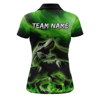 Womens Custom Dinosaur Green Flame Bowling Polo Shirt, Custom Dinosaur Bowling Team Shirts For Ladies BZ0676