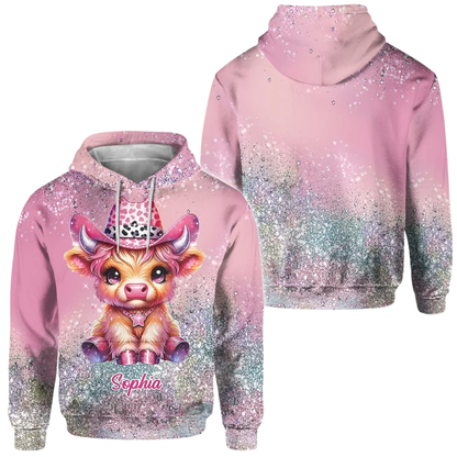 Custom Highland Cow Pink Hoodie 3D Printed For Ladies, Personalized Highland Cow Lover Hoodie 2D1275