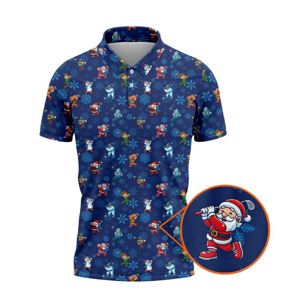 Men's Navy Funny Characters Xmas Golf Polo Shirts, Christmas Golf Shirts GZ0459