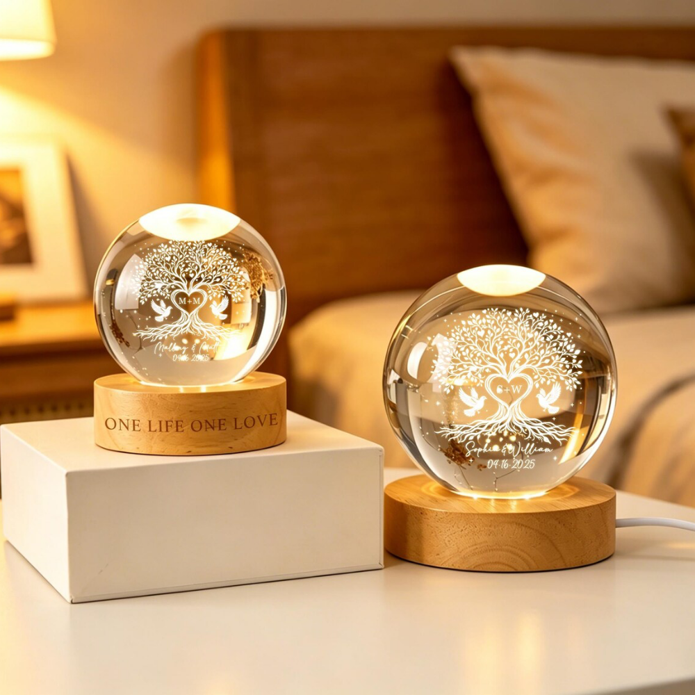 Personalized Heart Tree Couple Crystal Ball Led Night Light, Custom Wedding Anniversary Night Light WD0852