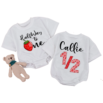 Personalized Strawberry Halfway to One Baby T Shirt Romper, Custom 1/2 Birthday Baby Romper BB0305
