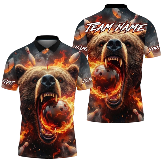 Custom Bear Fire Ball Bowling Polo Shirt For Men, Custom Bear Bowling Team Shirts BZ0504