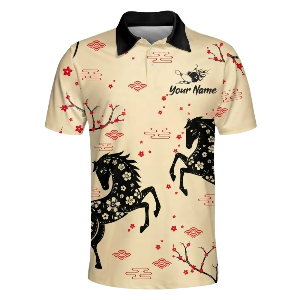Custom Floral Horse Cherry Blossom Men's Bowling Polo Shirts, Custom Horse Bowling Team Shirts  BZ0607