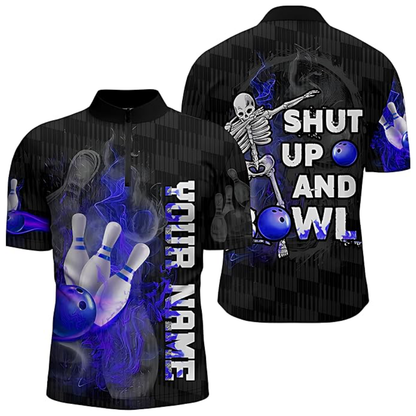 Shut Up And Bowl Custom Skeleton Flame Men's Bowling Jersey, Custom Skull Bowling Shirts  BZ0792
