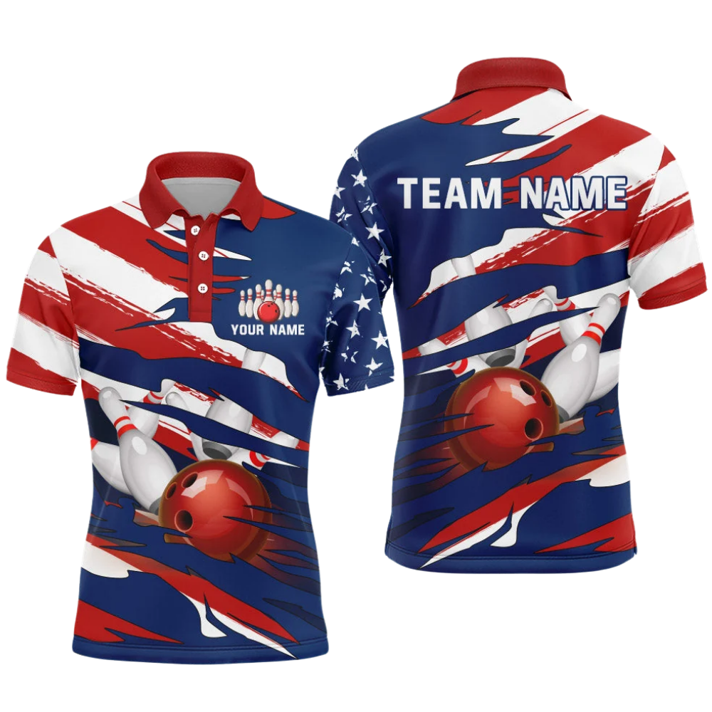 Custom American Flag Grunge Bowling Polo Shirt For Men, Custom Patriotic Bowling Team Shirts BZ0742