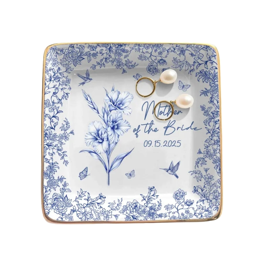 Custom Toile De Jouy Mother Of The Bride & Groom Jewelry Dish, Custom Wedding Jewelry Dish For Mother Of The Bride & Groom WD0054