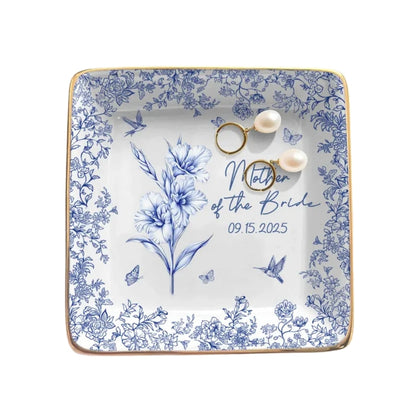 Custom Toile De Jouy Mother Of The Bride & Groom Jewelry Dish, Custom Wedding Jewelry Dish For Mother Of The Bride & Groom WD0054