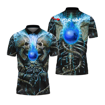 Custom Skull Flame Ball Bowling Polo Shirt For Men, Custom Skull Bowling Shirt BZ1053