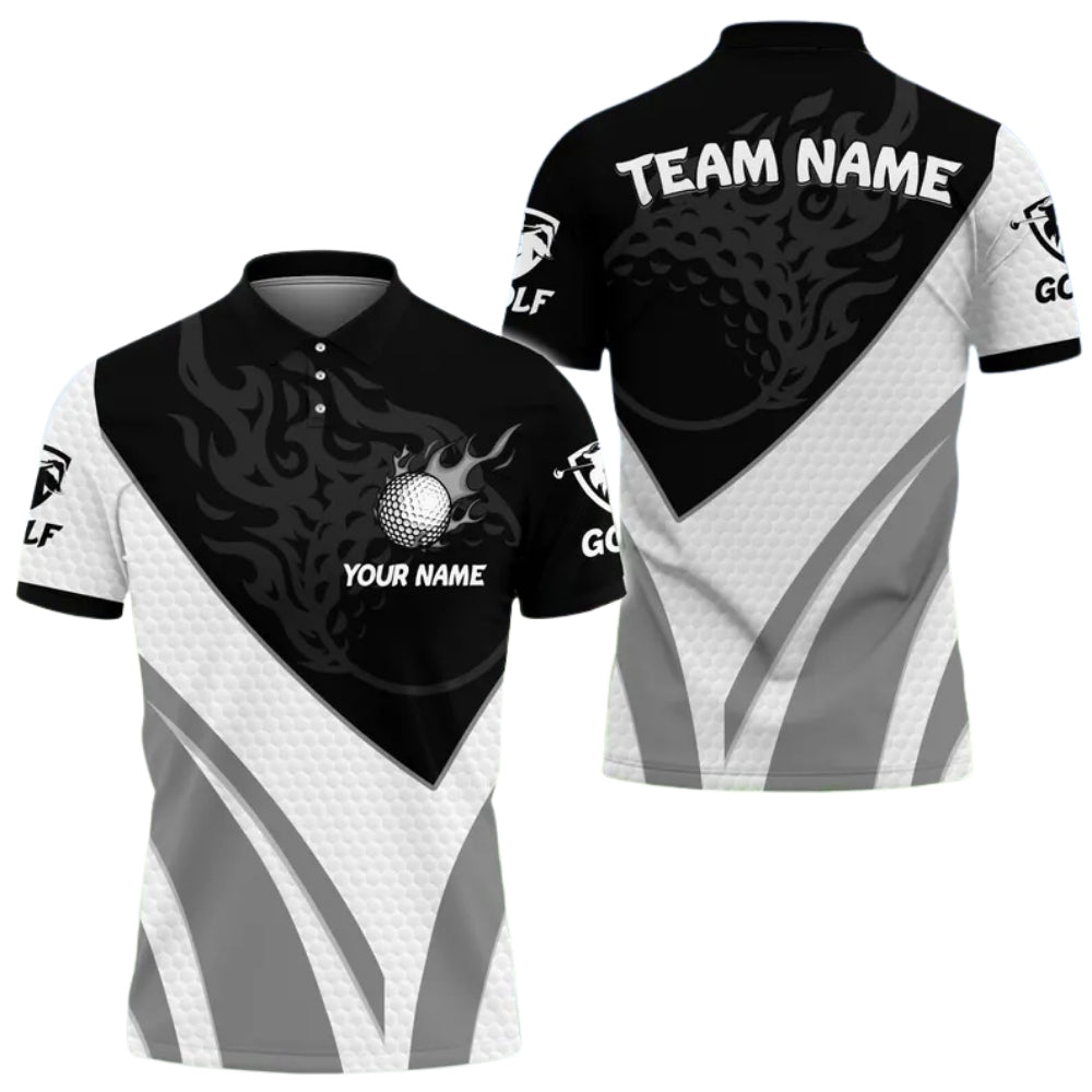 Custom Flame Golf Ball Men's Black White Polo Shirt, Custom Team Golf Shirts GE0388