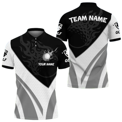 Custom Flame Golf Ball Men's Black White Polo Shirt, Custom Team Golf Shirts GE0388