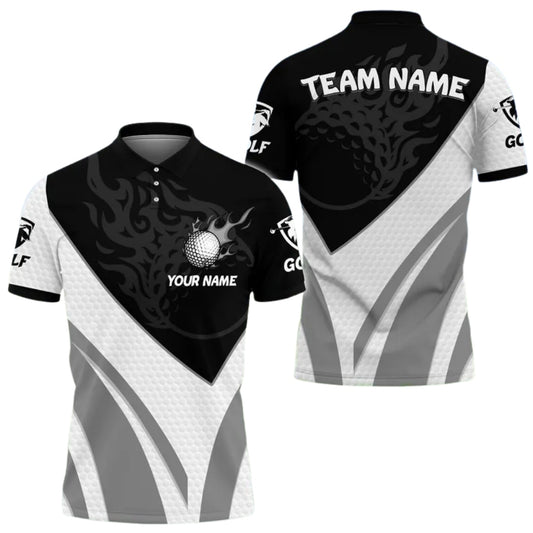 Custom Flame Golf Ball Men's Black White Polo Shirt, Custom Team Golf Shirts GE0388