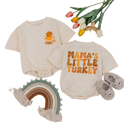 Custom Baby Name Mama's Little Turkey T Shirt Romper, Custom Thanksgiving Baby Romper BB0239