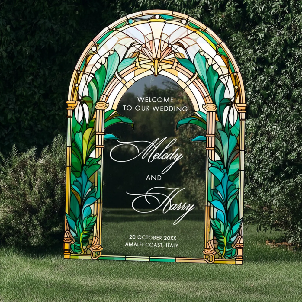 Personalized Stained Glass Wedding Acrylic Mirror Sign, Custom Wedding Welcome Sign WD0730