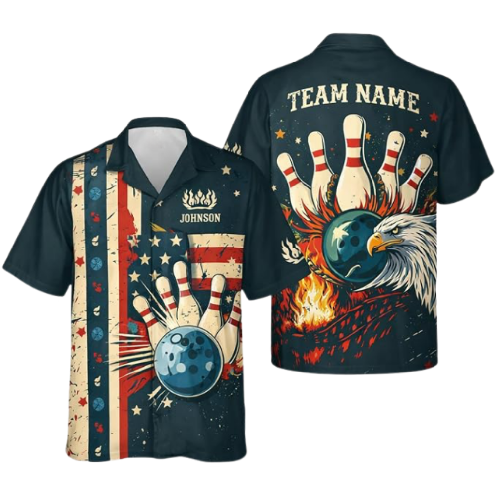 Custom Eagle Retro American Flag Hawaiian Bowling Shirt For Men, Custom Patriotic Bowling Team Shirts BZ0647