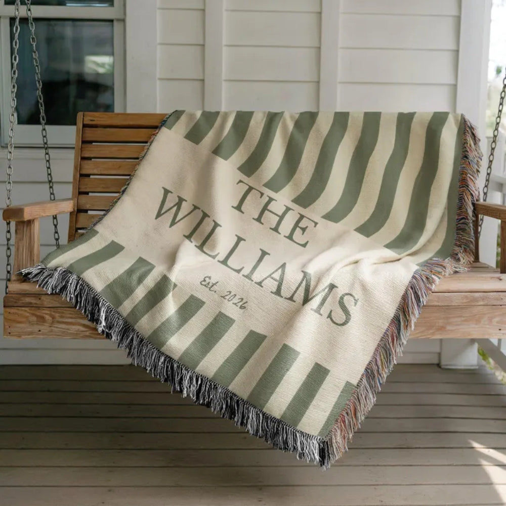 Personalized Vintage Green Striped Woven Blanket With Last Name, Custom Wedding Blanket For Couple WD0353