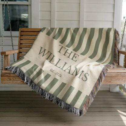 Personalized Vintage Green Striped Woven Blanket With Last Name, Custom Wedding Blanket For Couple WD0353