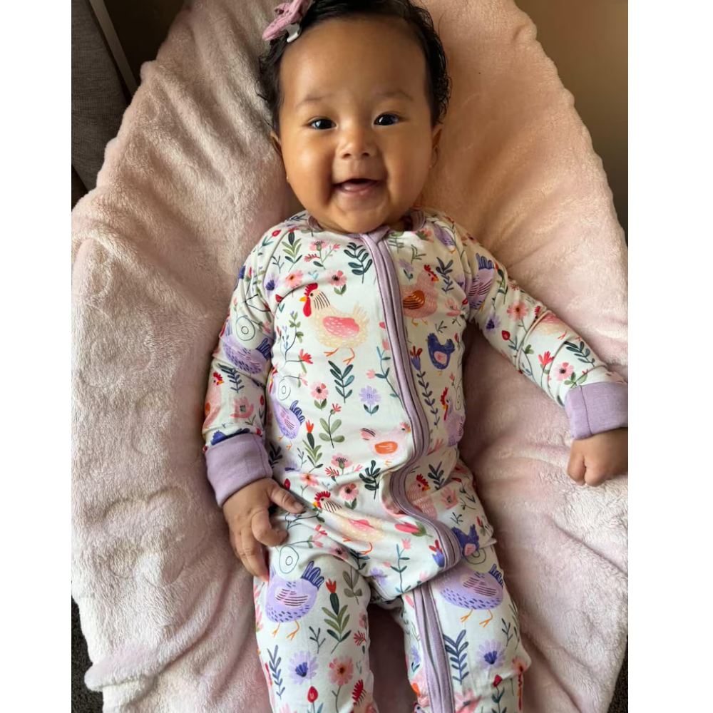 Chicken Floral Purple Baby Convertible Zipper Romper, Chicken Convertible Romper Baby BB0627