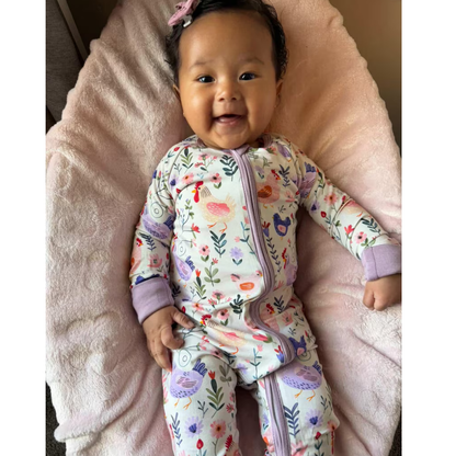 Chicken Floral Purple Baby Convertible Zipper Romper, Chicken Convertible Romper Baby BB0627