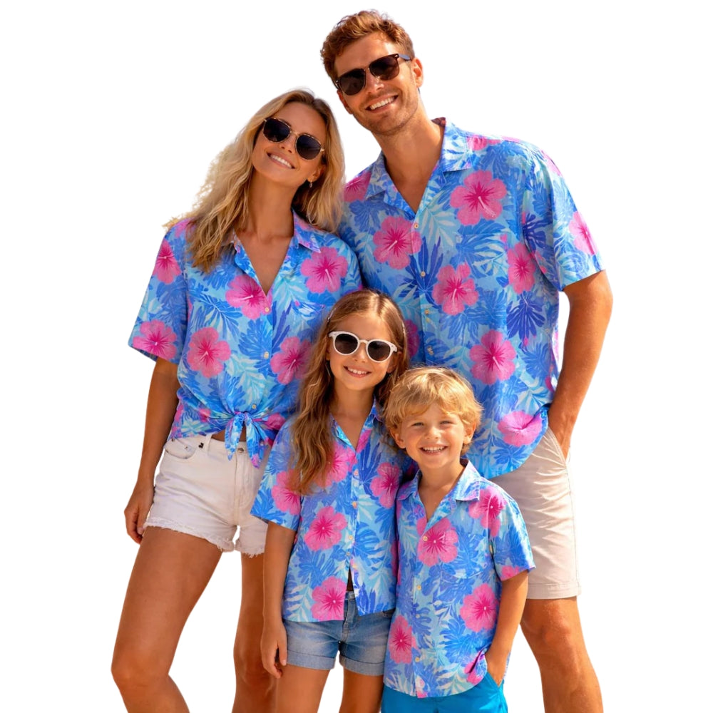 Hibiscus Blue Pink Family Matching Hawaiian Shirt, Hibiscus Floral Hawaiian Family Shirts ET0895