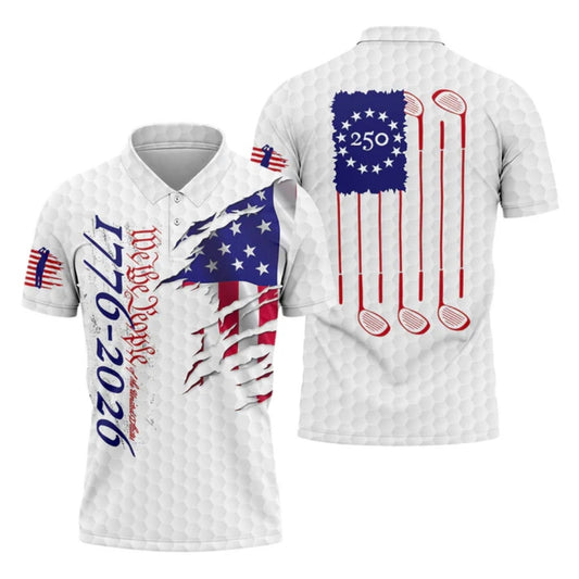We The People 1776-2026 USA Flag Golf Polo Shirt For Men, 4th Of July 250 Golf Shirts GB0014