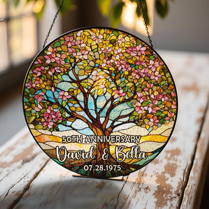 Personalized 50th Wedding Anniversary Stained Glass Suncatcher, Custom 50 Years Anniversary Suncatcher WD0374