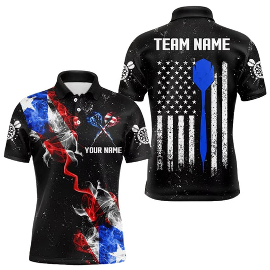 Custom Red White Blue Smoke US Flag Darts Polo Shirt Mens, Custom Patriotic Darts Team Shirts DE0069