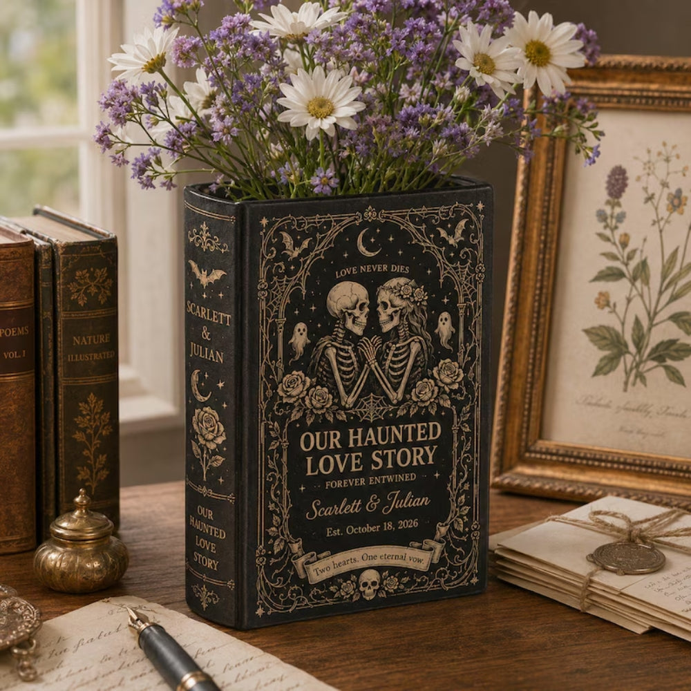 Our Haunted Love Story Custom Couple Name Gothic Skeleton Wedding Ceramic Book Vase, Custom Halloween Wedding Book Vase WD0660