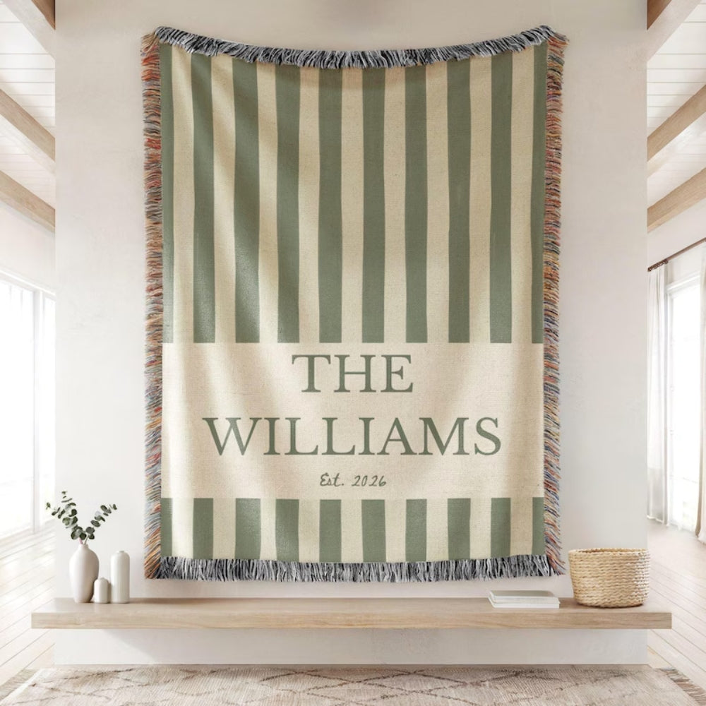 Personalized Vintage Green Striped Woven Blanket With Last Name, Custom Wedding Blanket For Couple WD0353