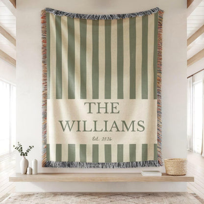 Personalized Vintage Green Striped Woven Blanket With Last Name, Custom Wedding Blanket For Couple WD0353
