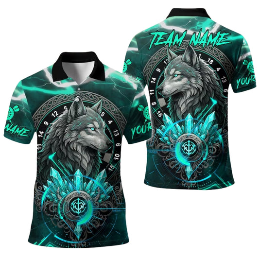 Custom Cyan Thunder Wolf Darts Men's Polo Shirt, Custom Wolf Darts Team Shirts DE0067