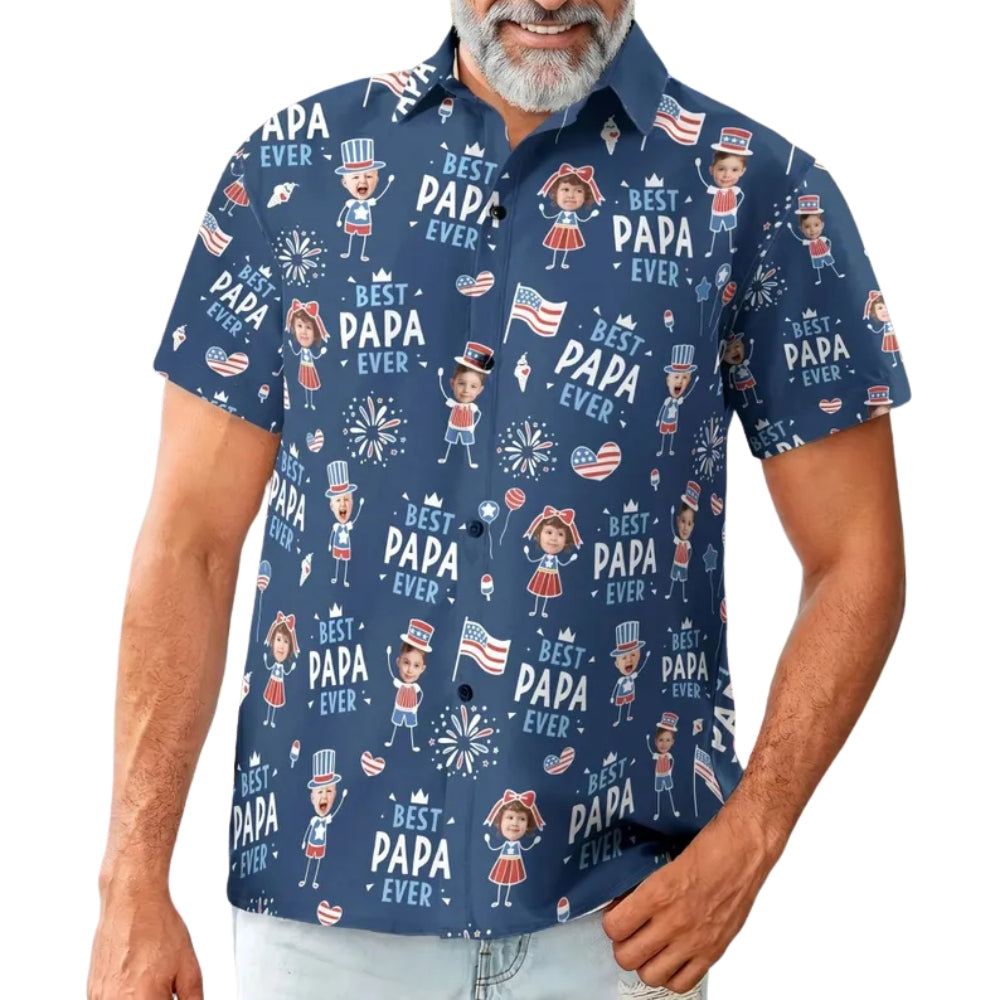 Best Papa Ever Custom Kid Face Patriot Hawaiian Shirt, Custom Photo 4th Of July Hawaiian Shirt Father's Day HE0268