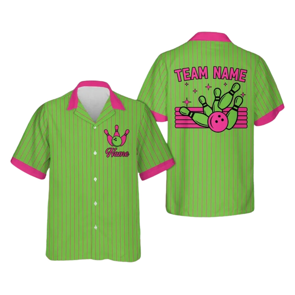 Custom Team Stripe White And Pink Bowling Hawaiian Shirt For Women Men, Custom Bowling Team Shirts BE0157