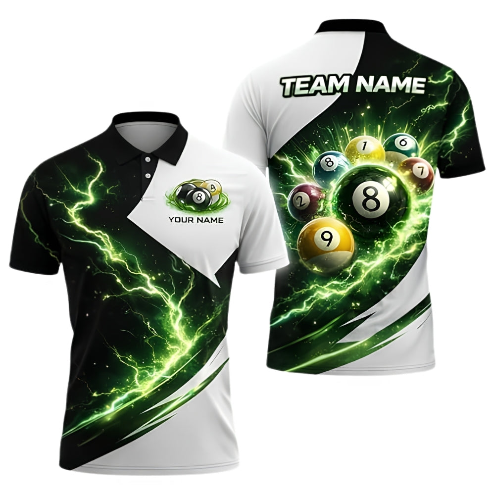 Custom Team Thunder Lightning Billiard Men Polo Shirt Green White, Custom Billiard Shirts BIZ0290