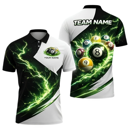 Custom Team Thunder Lightning Billiard Men Polo Shirt Green White, Custom Billiard Shirts BIZ0290