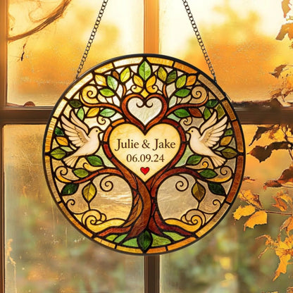 Custom Couple Name And Date Stained Glass Suncatcher, Custom Wedding Suncatcher For Couple WD0375