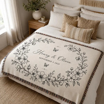 Personalized Floral Vintage Engagement Woven Blanket, Custom Wedding Anniversary Blanket WD0354