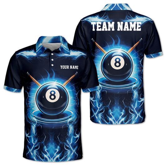 Custom Blue Flame Lightning 8 Ball Billiard Polo Shirt Mens, Custom Flame 8 Ball Pool Team Shirts BIZ0218