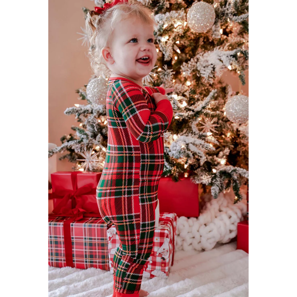 Plaid Red Black Green Xmas Baby Convertible Zipper Romper, Christmas Convertible Romper For Baby BB0847