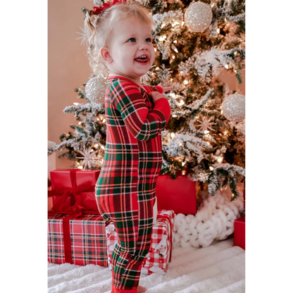 Plaid Red Black Green Xmas Baby Convertible Zipper Romper, Christmas Convertible Romper For Baby BB0847