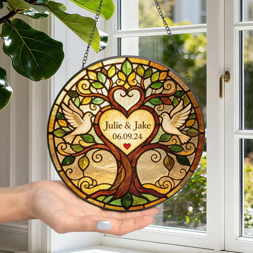 Custom Couple Name And Date Stained Glass Suncatcher, Custom Wedding Suncatcher For Couple WD0375