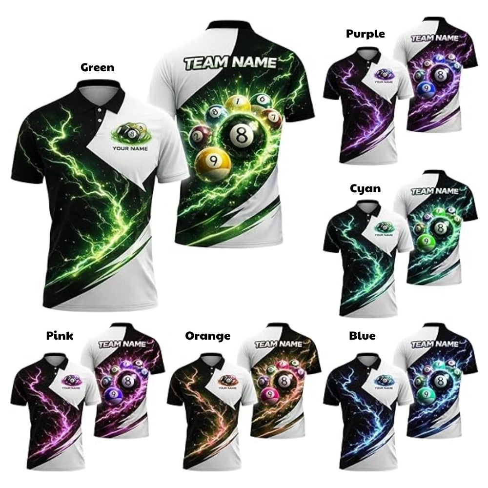 Custom Team Thunder Lightning Billiard Men Polo Shirt Green White, Custom Billiard Shirts BIZ0290