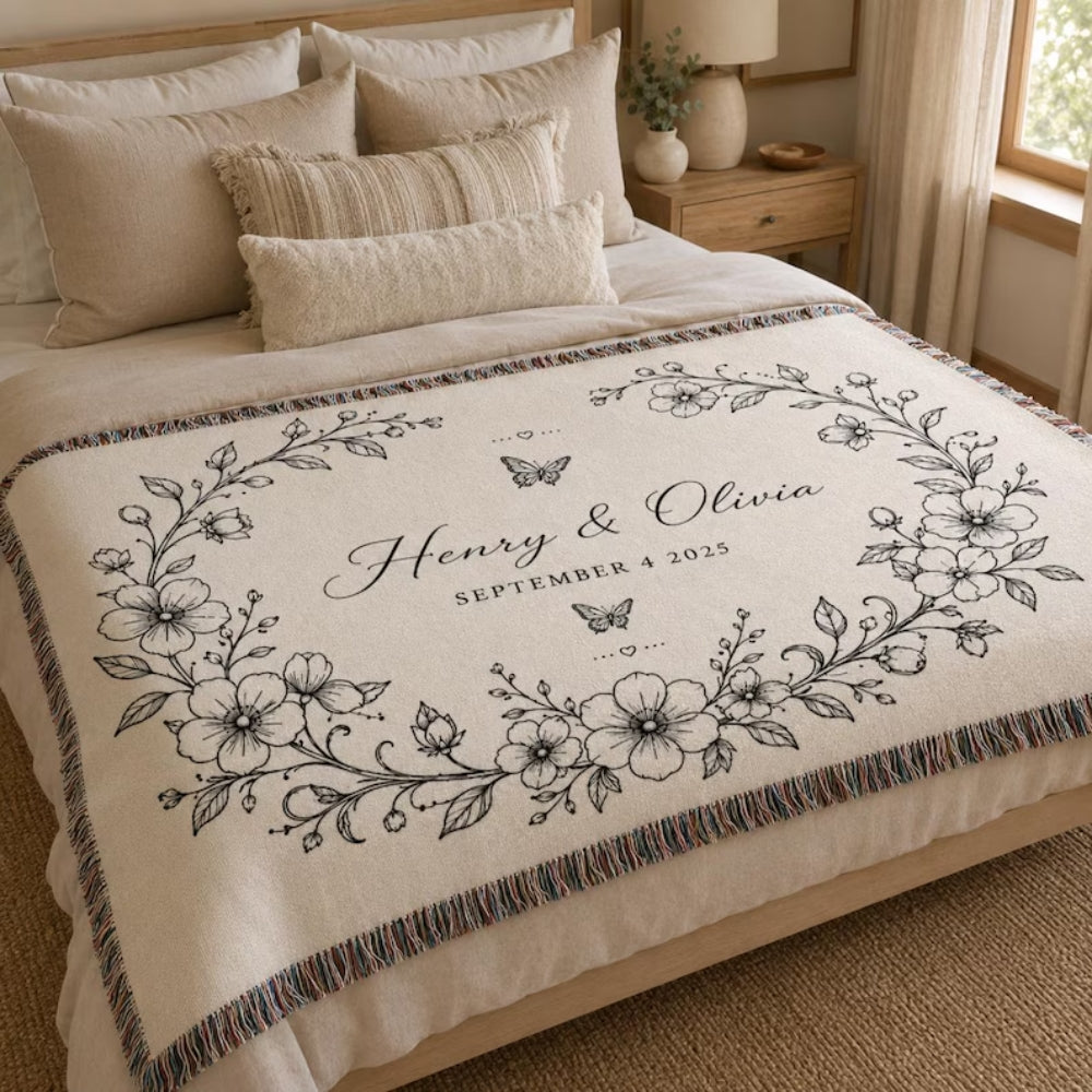 Personalized Floral Vintage Engagement Woven Blanket, Custom Wedding Anniversary Blanket WD0354