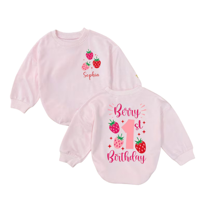 Personalized Berry 1st Birthday Baby Romper Sweatshirt, Custom First Birthday Strawberry Baby Romper Sweater BB0496