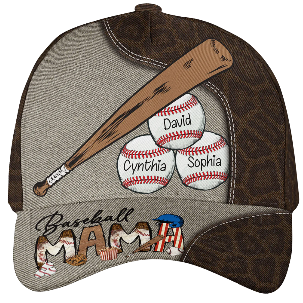 Baseball Mama Custom Kid Names Baseball 3D Cap, Custom Mama Baseball Cap Hat CP0552