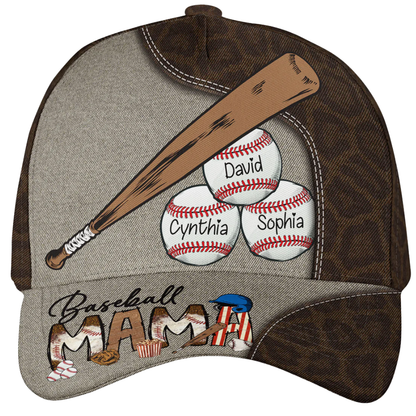 Baseball Mama Custom Kid Names Baseball 3D Cap, Custom Mama Baseball Cap Hat CP0552