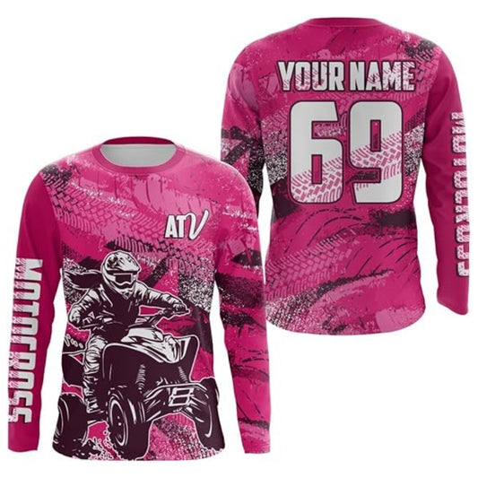 Custom ATV Motocross Racing Pink Long Sleeve Shirt For Women, Custom Women's ATV Shirts MZ0035