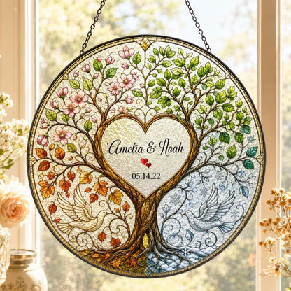 4 Seasons Tree Custom Couple Stained Glass Suncatcher, Custom Wedding Anniversary Suncatcher WD0376