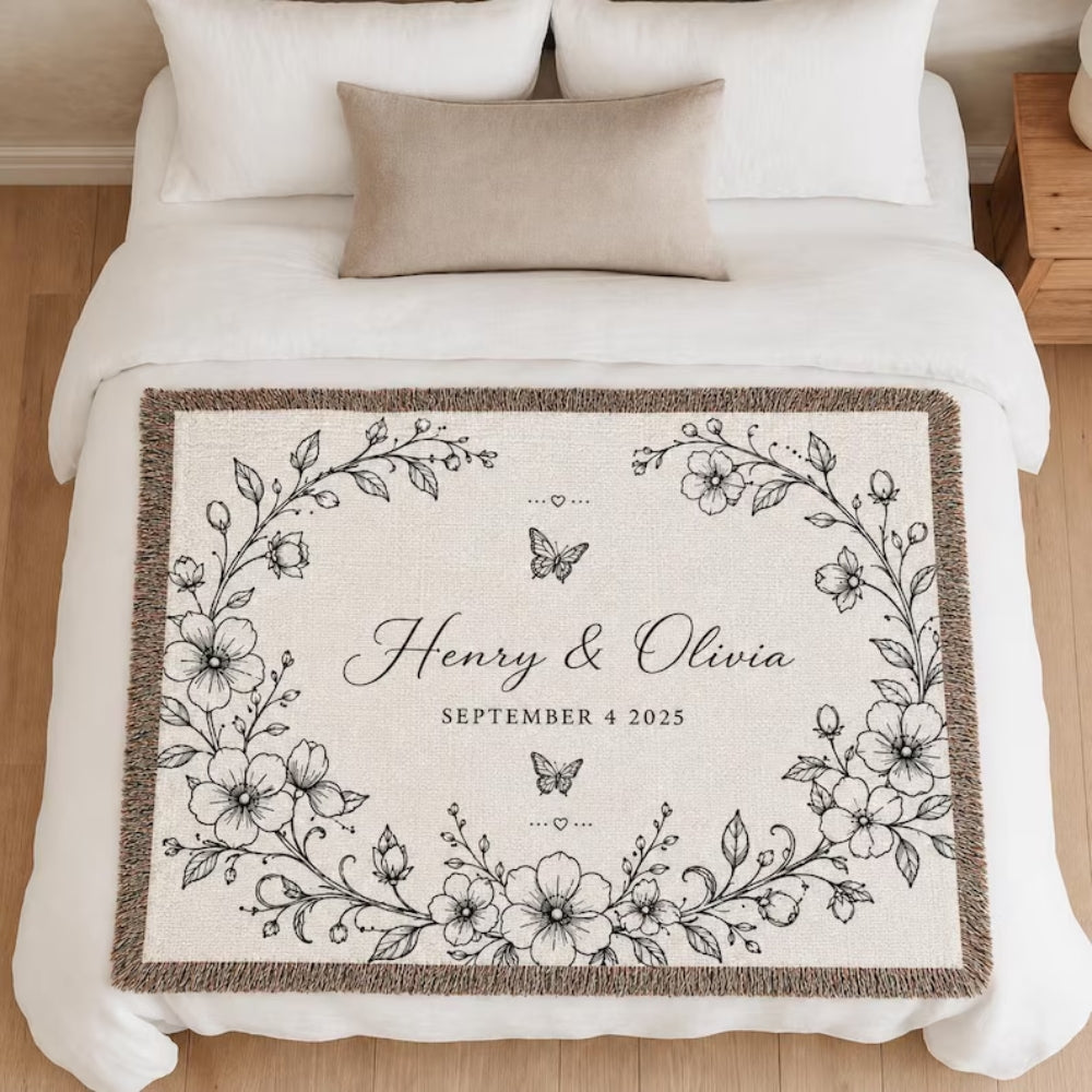 Personalized Floral Vintage Engagement Woven Blanket, Custom Wedding Anniversary Blanket WD0354