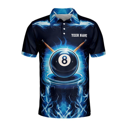 Custom Blue Flame Lightning 8 Ball Billiard Polo Shirt Mens, Custom Flame 8 Ball Pool Team Shirts BIZ0218