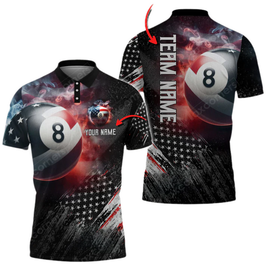 Billiard Ball Smoke US Flag Personalized Name And Team Name 3D Polo Shirt, Flag Billiard Shirt BIO0001